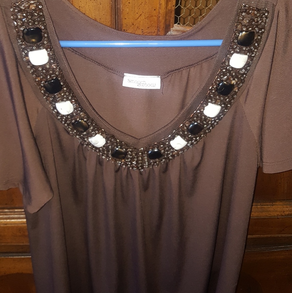 Womens plus sz 1X brown beaded shirt Smooch